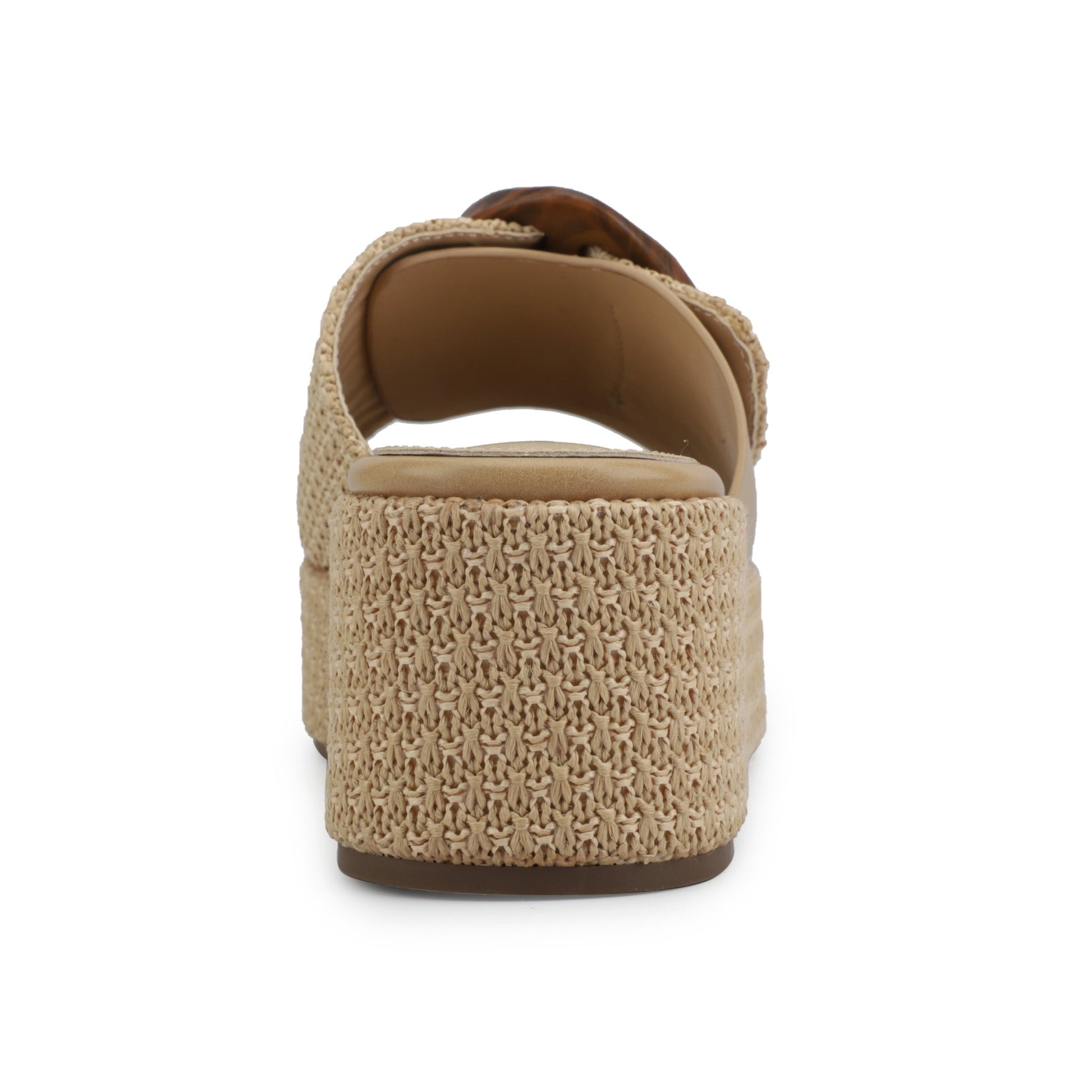 Rear view of Vintage Havana Janette Camel Platform Sandals with a woven sole, open heel, and tortoiseshell buckle on white background.