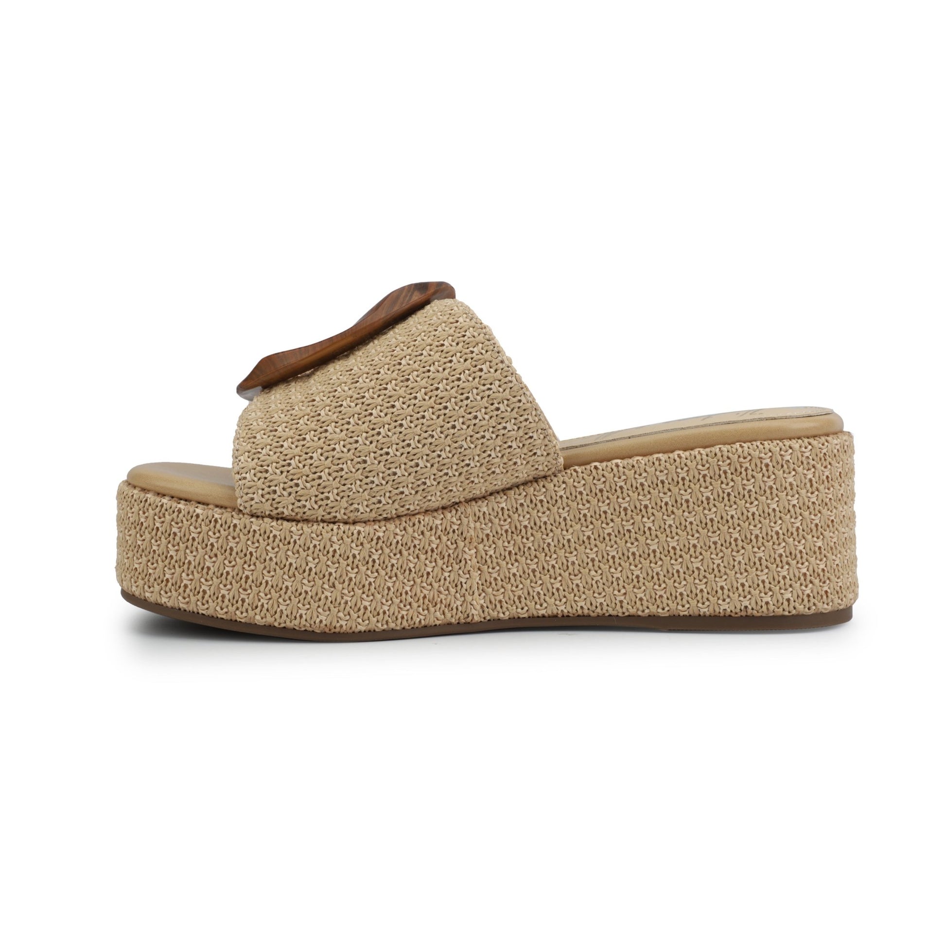 Vintage Havana Janette Camel Platform Sandals with wide strap, chic woven platform sole, low wedge heel, and brown trim.