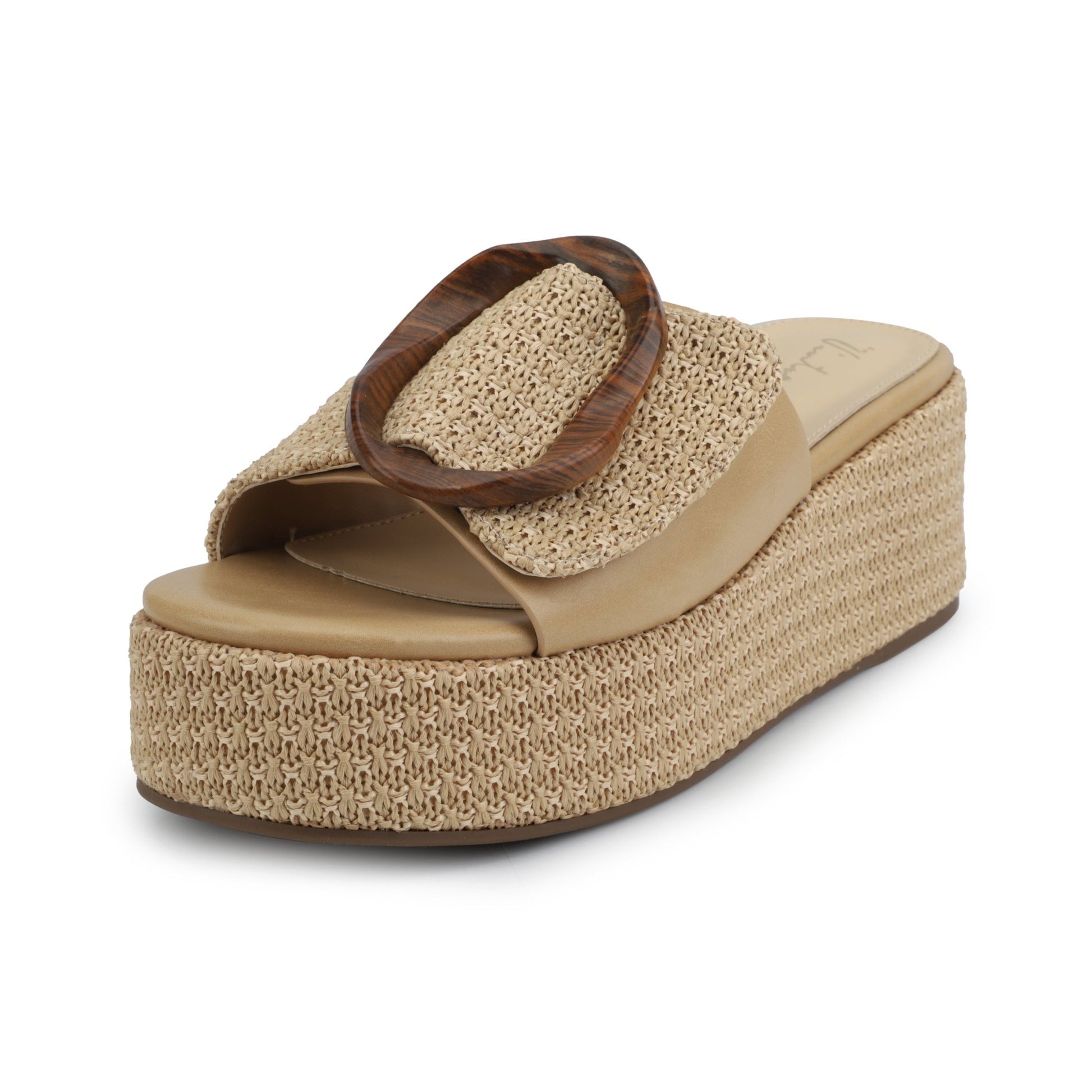 The Vintage Havana Janette Camel Platform Sandals feature a woven sole, open toe, and large tortoiseshell buckle.