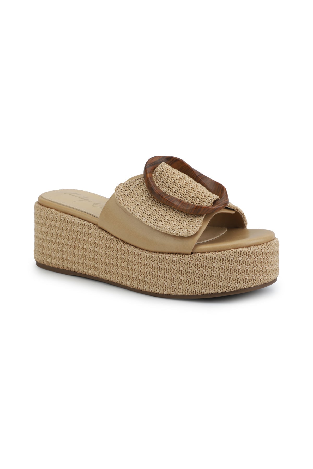 The Vintage Havana Janette Camel Platform Sandals feature a beige woven design with a wide strap and tortoiseshell buckle.