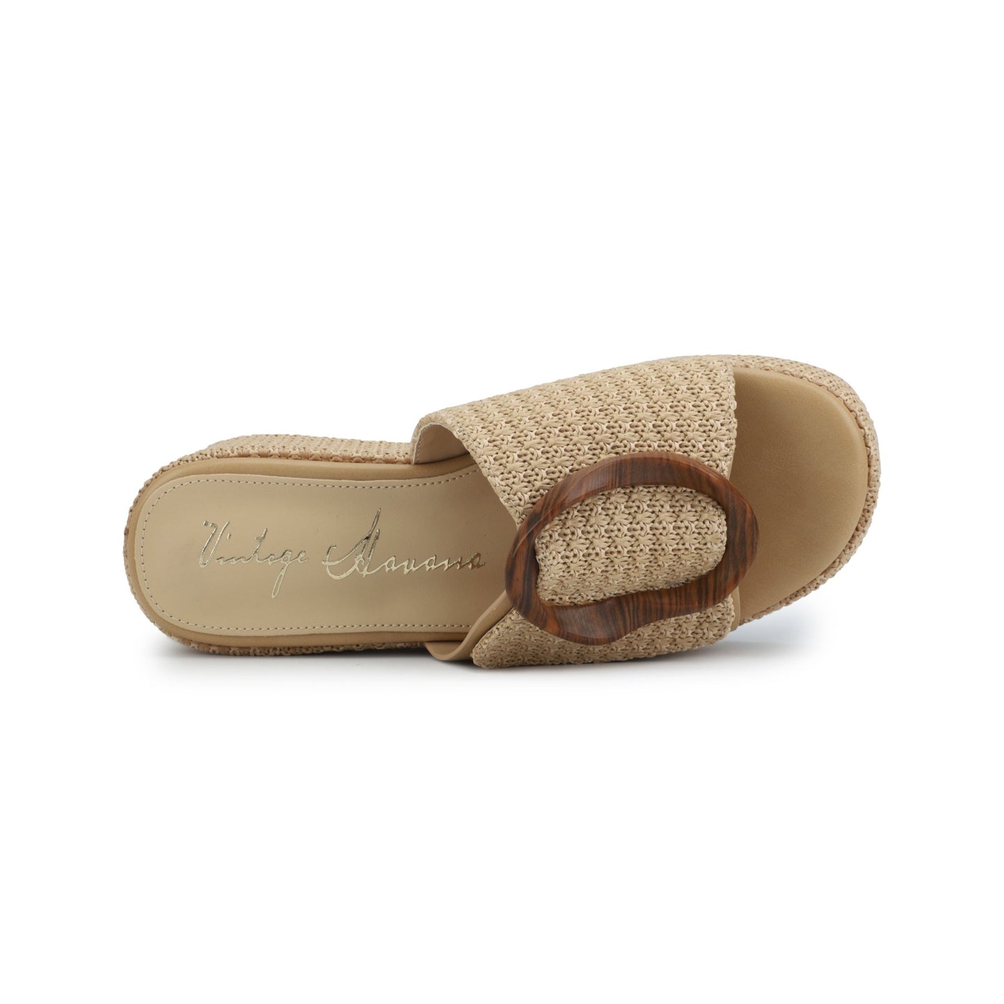 The Vintage Havana Janette Camel Platform Sandals feature a beige woven slide, tortoiseshell buckle, and tan cushioned sole.