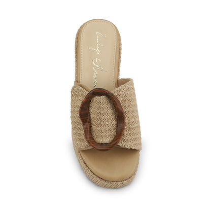 Vintage Havana Janette Camel Platform Sandals feature a wide strap with tortoiseshell buckle and a woven platform sole.