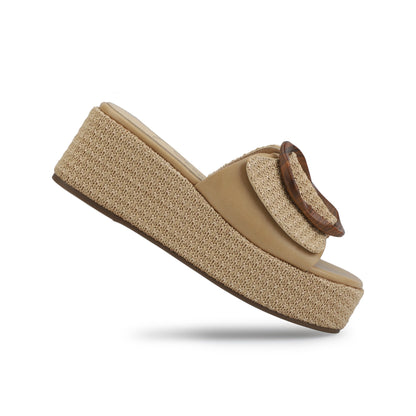 Vintage Havana Janette Camel Platform Sandals with a woven sole, tan strap, and tortoiseshell buckle on white background.