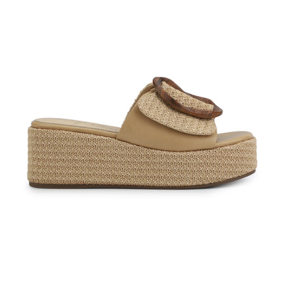 Vintage Havana Janette Camel Platform Sandals feature a woven sole, wide strap, and bold tortoiseshell buckle accent.