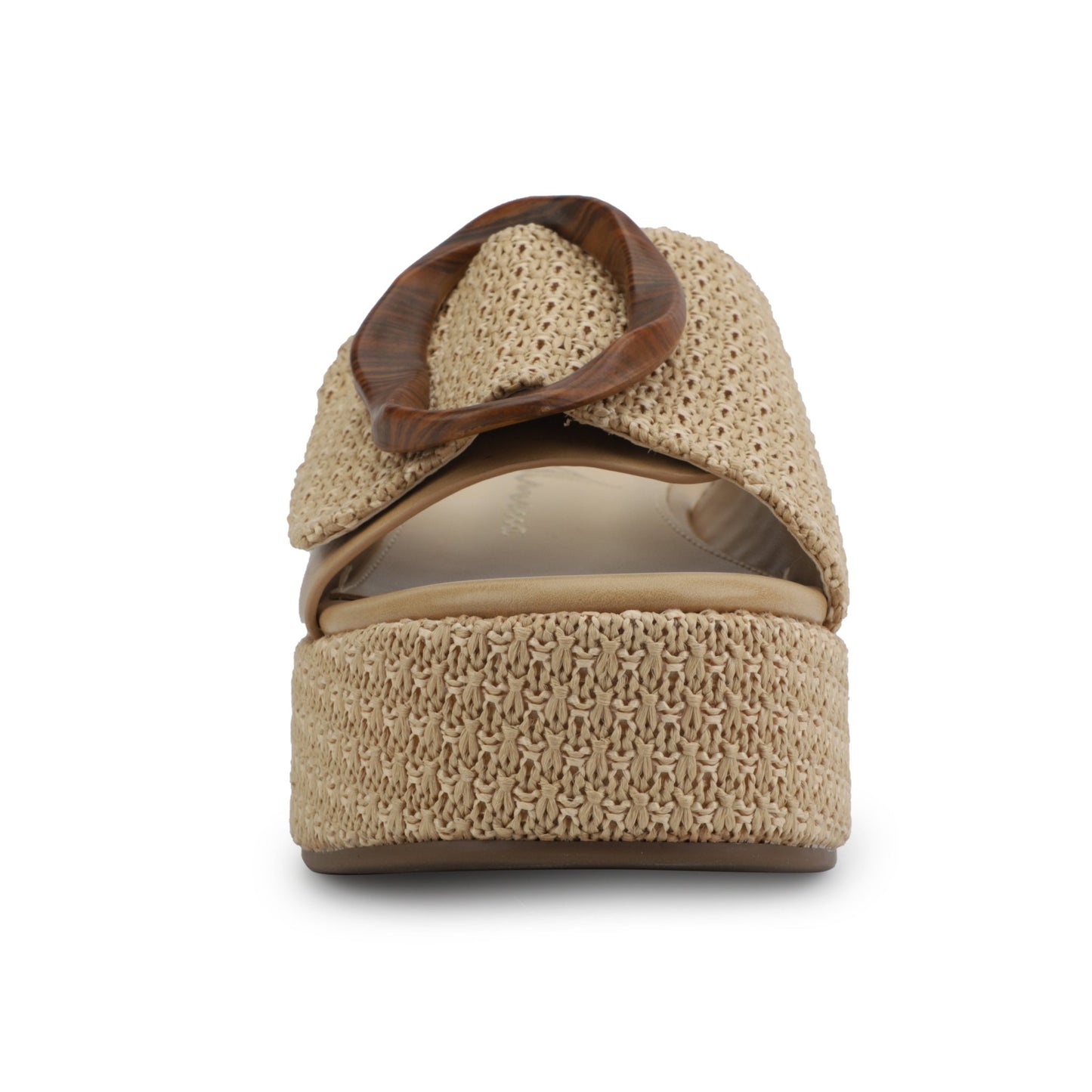 Front view of Vintage Havana Janette Camel Platform Sandals with wide strap, tortoiseshell buckle, and woven platform sole.