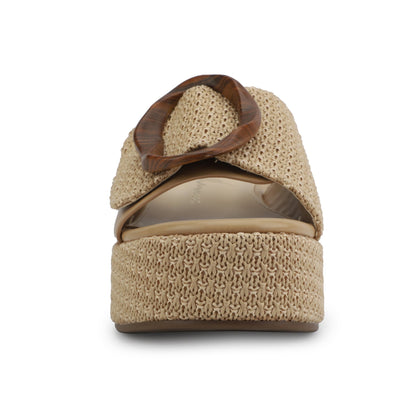 Front view of Vintage Havana Janette Camel Platform Sandals with wide strap, tortoiseshell buckle, and woven platform sole.