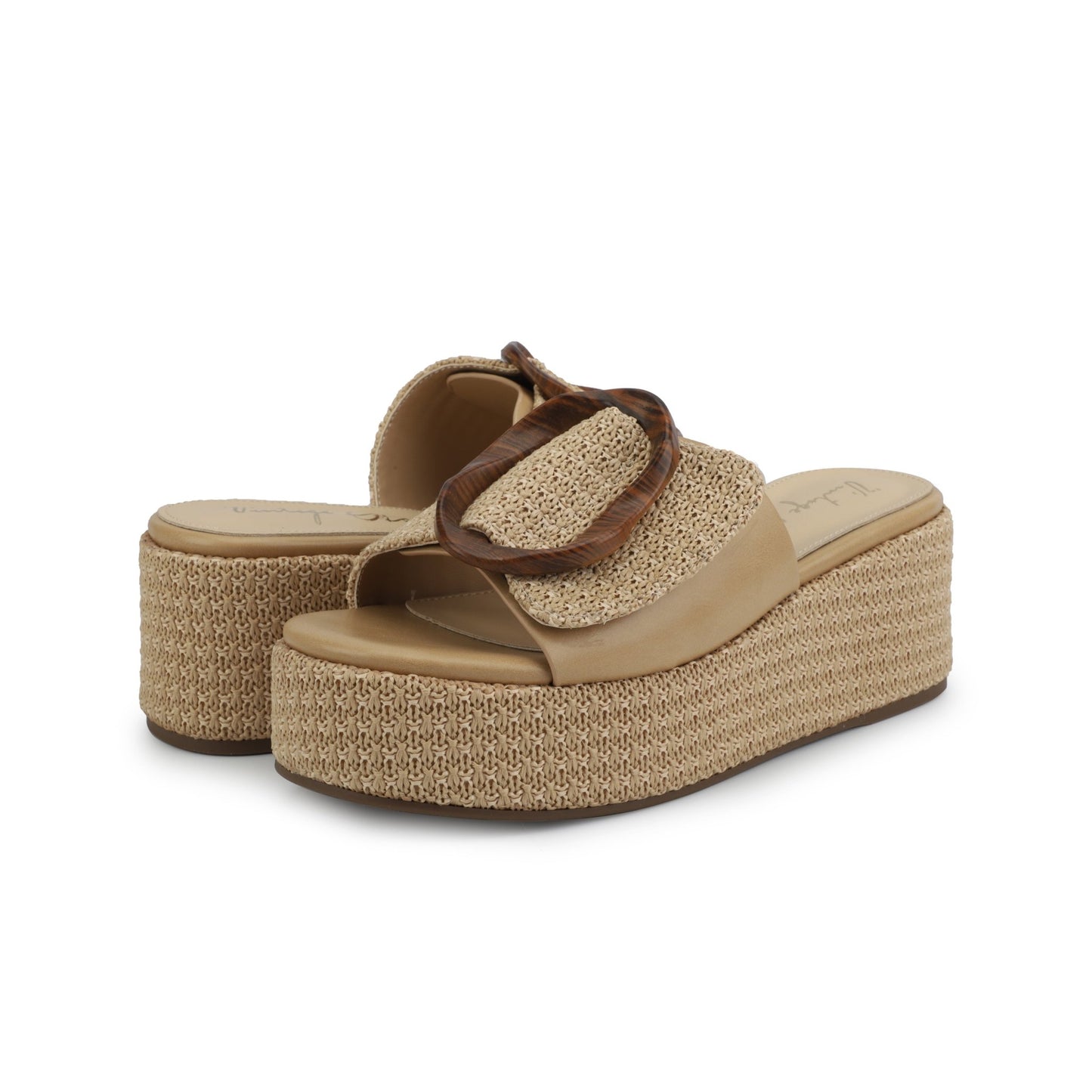 Vintage Havana Janette Camel Platform Sandals with woven sole and large tortoiseshell buckle on the upper strap.