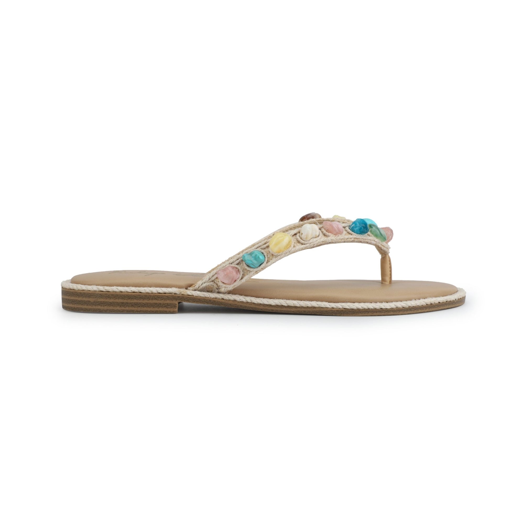The Vintage Havana Sandy Beige Gemstone Flip Flops feature a tan sole and colorful flower accents on the straps.