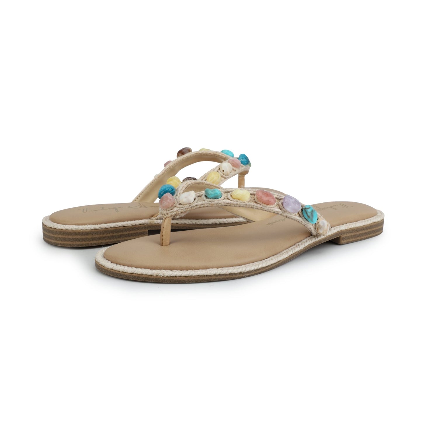 Vintage Havana Sandy Beige Gemstone Flip Flops with flat soles, featuring colorful round beads on the straps.
