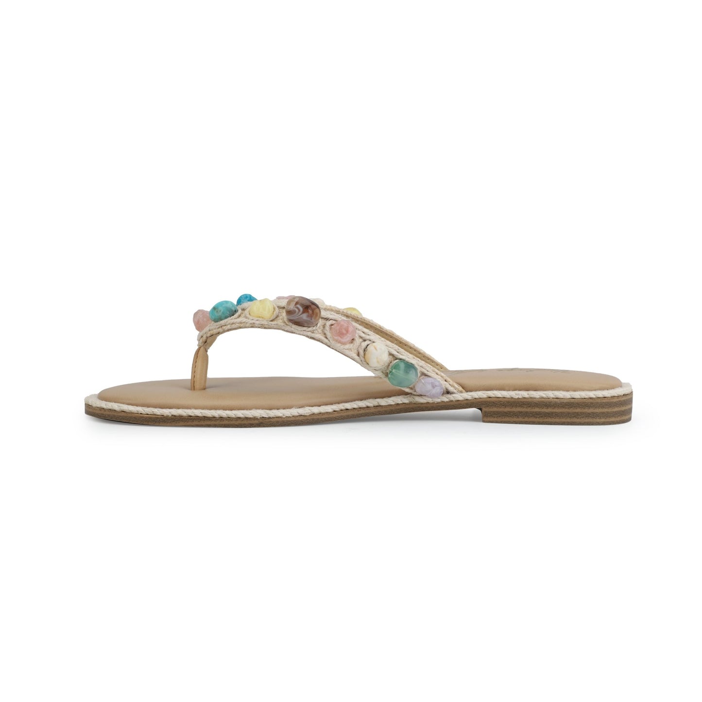 Vintage Havana Sandy Beige Gemstone Flip Flops feature a tan sole, thong strap, and pastel stones and flowers for a retro vibe.