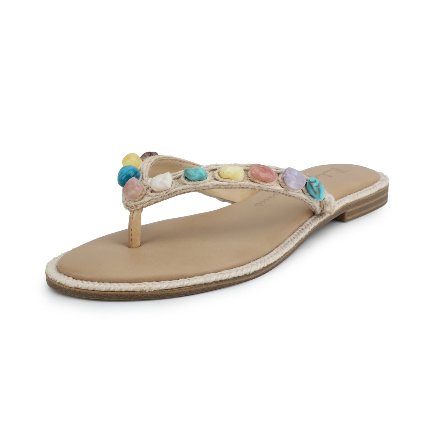 Vintage Havana Sandy Beige Gemstone Flip Flops feature a flat leather sole and colorful gemstone-decorated straps.
