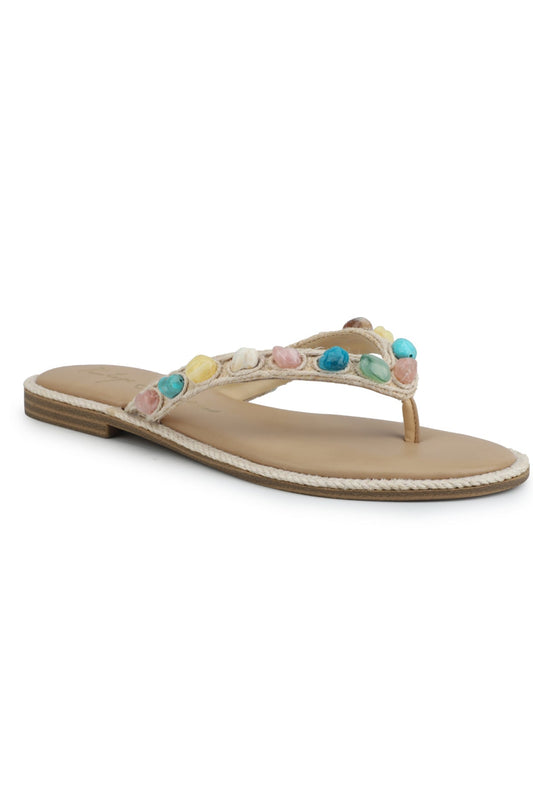 Vintage Havana Sandy Beige Gemstone Flip Flops feature a tan sole and colorful gemstone accents on the straps.