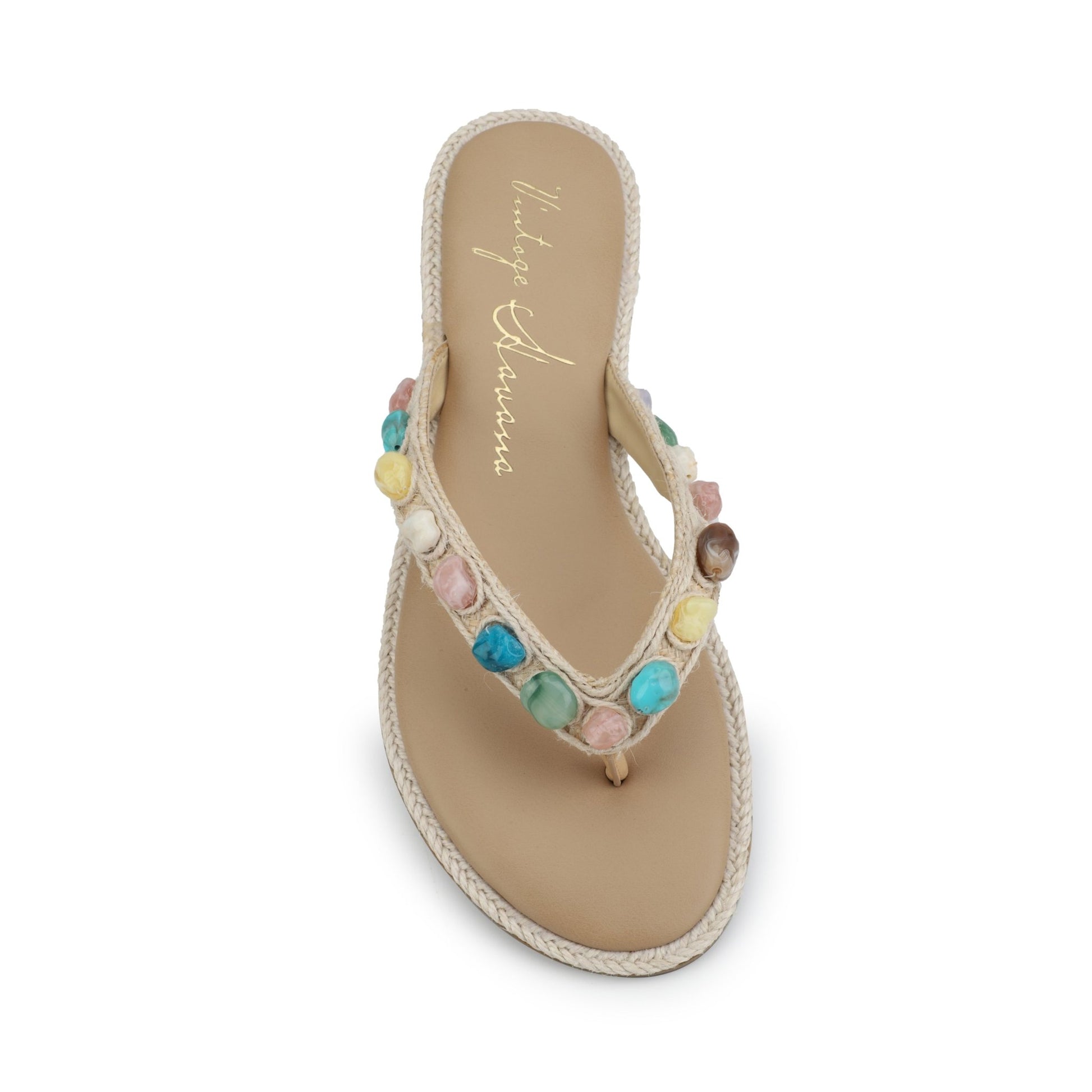 Vintage Havana Sandy Beige Gemstone Flip Flops with colorful gem strap accents and branded insole.