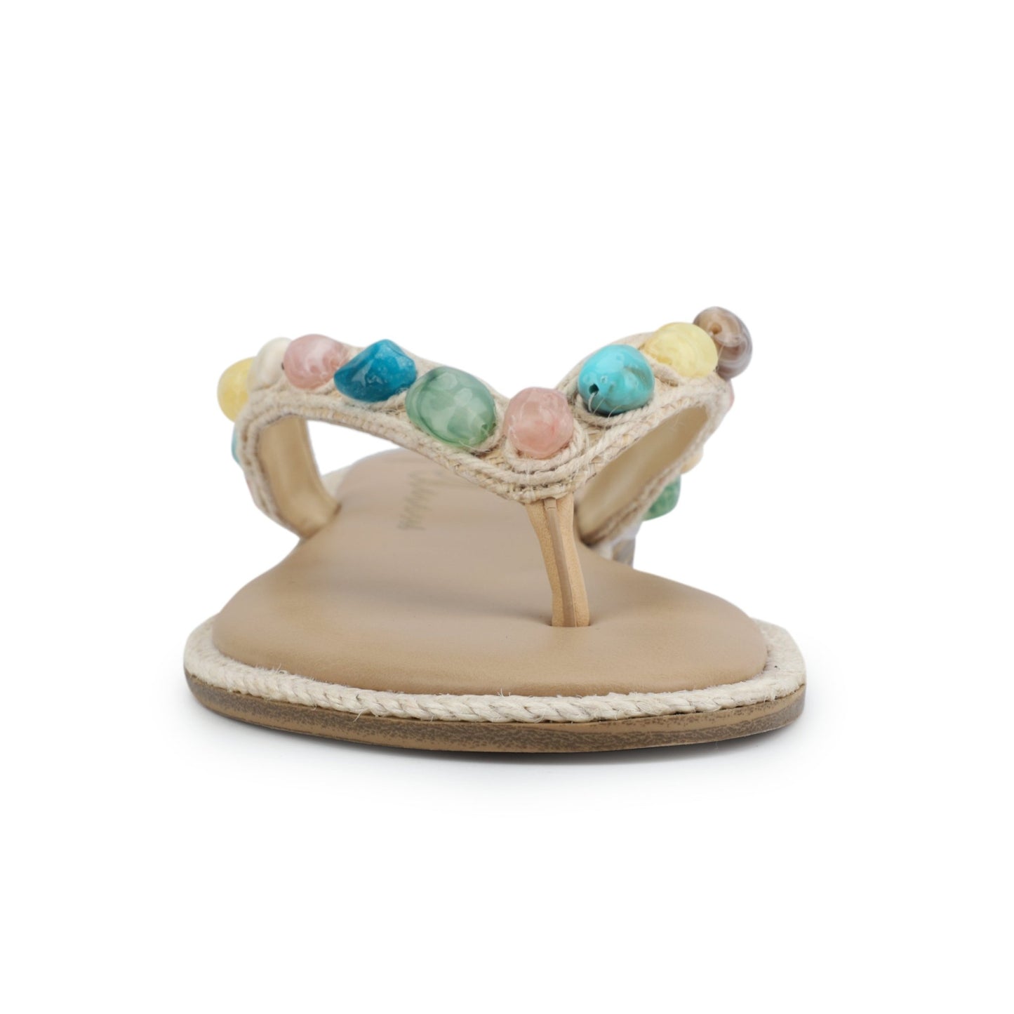 Front view of Vintage Havana Sandy Beige Gemstone Flip Flops with a leather sole and colorful beads on the strap, on white background.