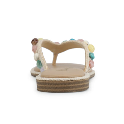 Front view of Vintage Havana Sandy Beige Gemstone Flip Flops with a flat sole and colorful beaded straps, against a white background.