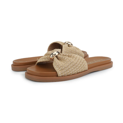 Vintage Havana Yvette Beige Slide Sandals feature woven straps, gold buckles, and a brown sole for effortless style.