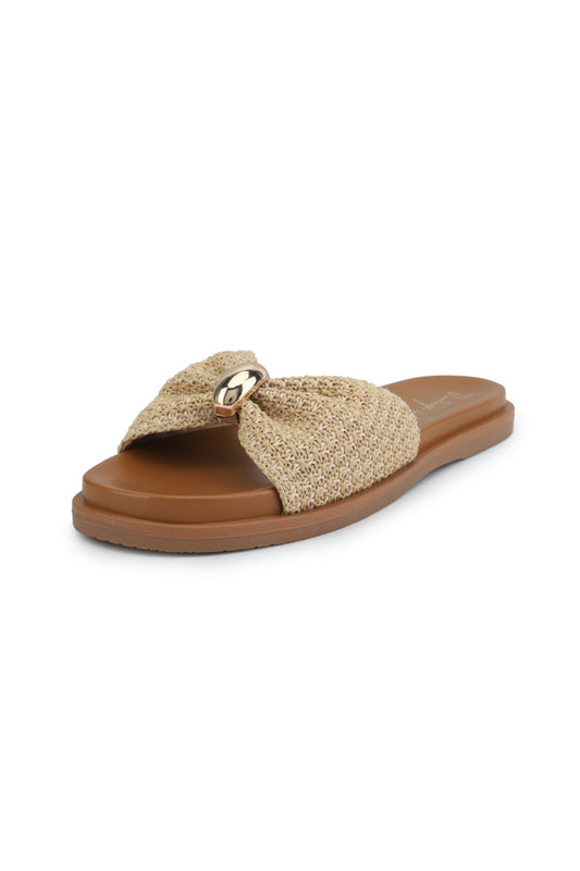 Vintage Havana Yvette Beige Slide Sandals feature a woven beige strap and gold buckle, shown on a white background.