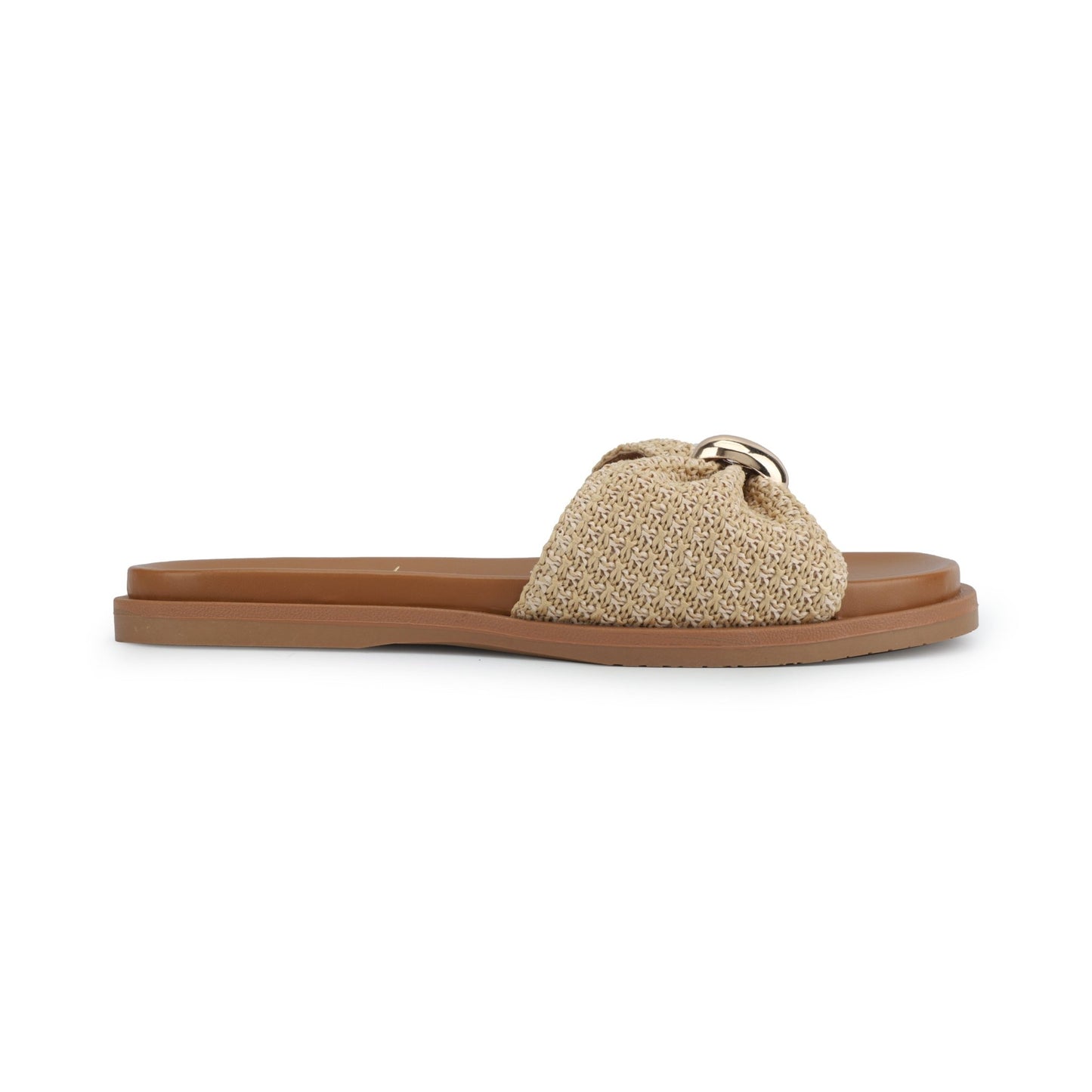 Vintage Havana Yvette Beige Slide Sandals with a woven strap, flat brown sole, and metallic ring detail, side view.