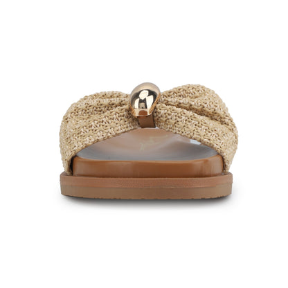 Front view of Vintage Havana Yvette Beige Slide Sandals with a woven strap and gold bead on a white background.