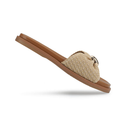 Vintage Havana Yvette Beige Slide Sandals feature a woven strap, brown sole, and metallic ring detail in a side view.