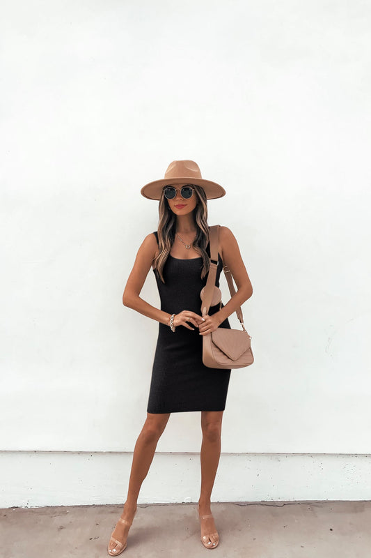 Waffle Knit Ring Strap Mini Dress - Black - Magnolia Boutique