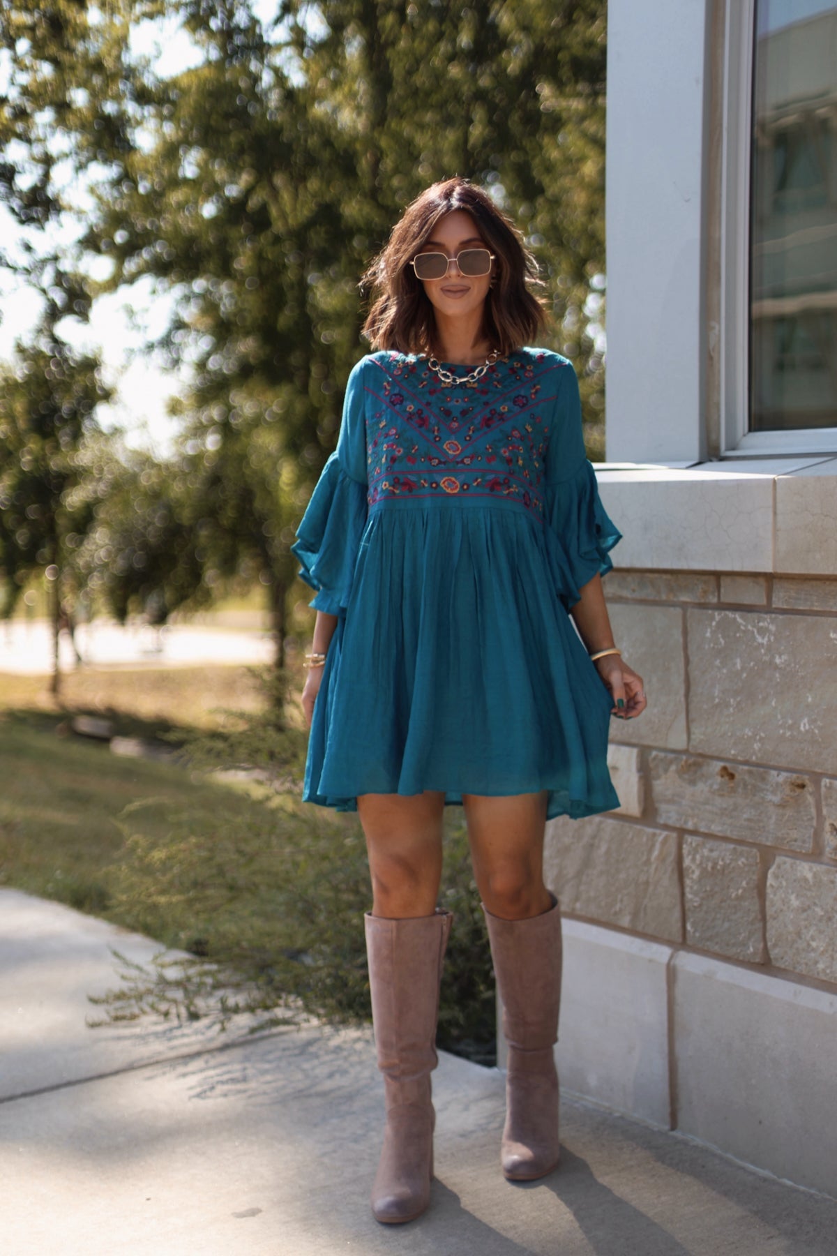 Whimsical Teal Floral Embroidered Mini Dress - Magnolia Boutique