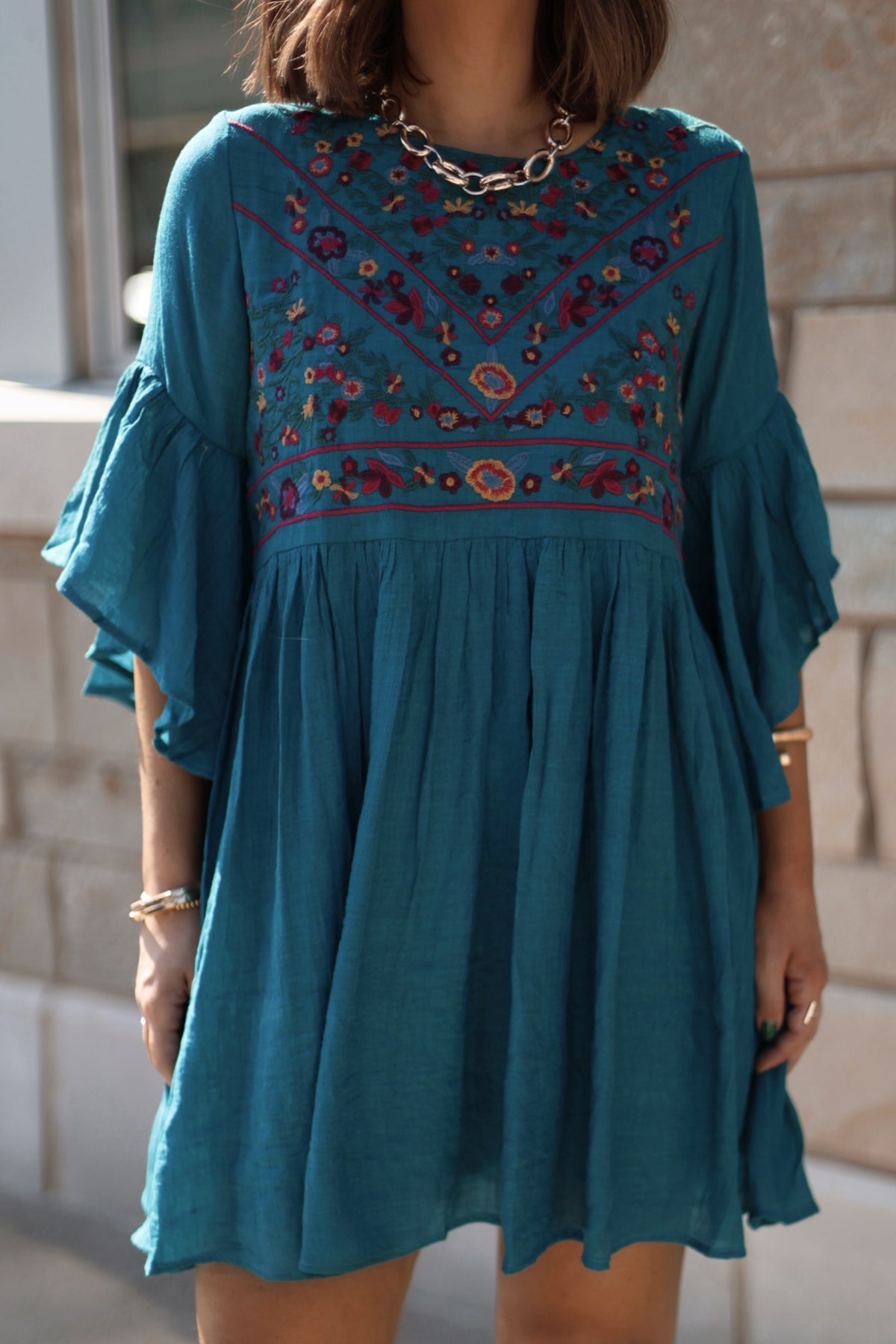 Whimsical Teal Floral Embroidered Mini Dress - Magnolia Boutique