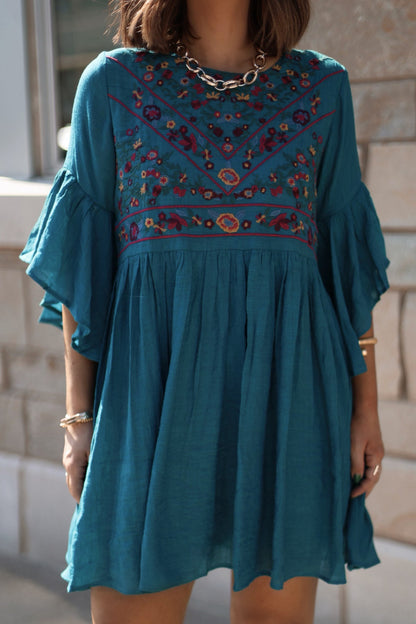 Whimsical Teal Floral Embroidered Mini Dress - Magnolia Boutique