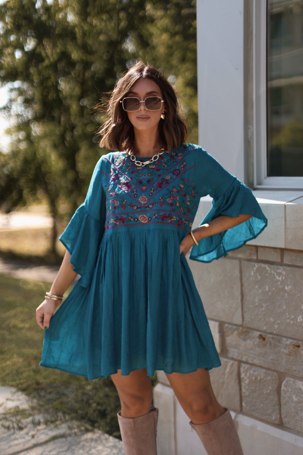 Whimsical Teal Floral Embroidered Mini Dress - Magnolia Boutique