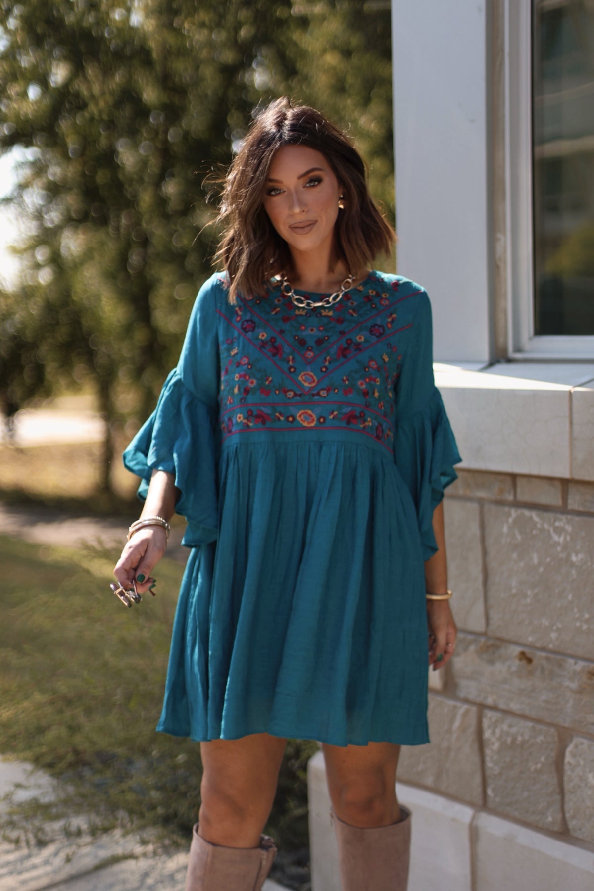 Whimsical Teal Floral Embroidered Mini Dress - Magnolia Boutique