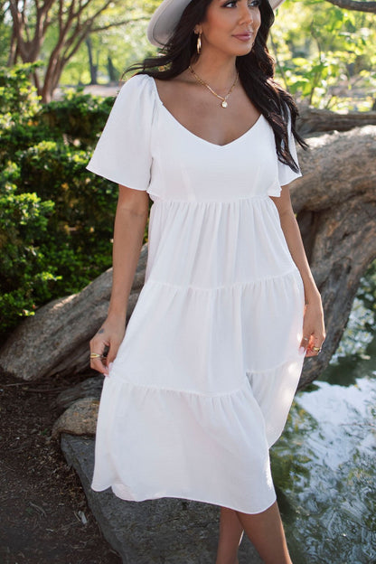 White Back Tie Tiered Midi Dress | Pre Order - Magnolia Boutique