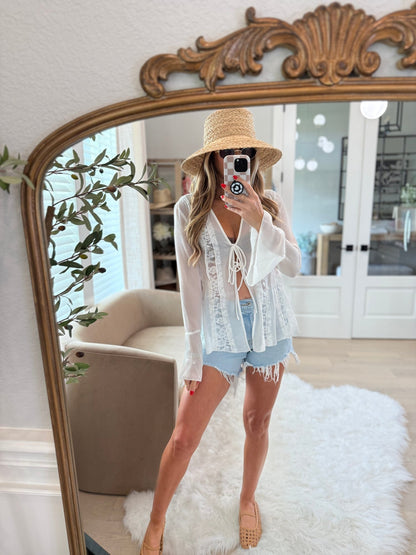 Woman in a straw hat and the White Bell Sleeve Sheer Lace Top - DOORBUSTER takes a mirror selfie in a bright, modern room.