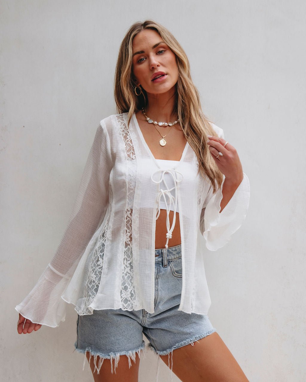 White Bell Sleeve Sheer Lace Top - Magnolia Boutique