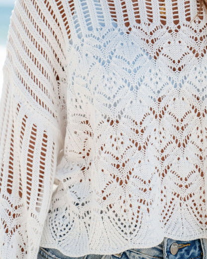 White Long Sleeve Crochet Sweater - Magnolia Boutique