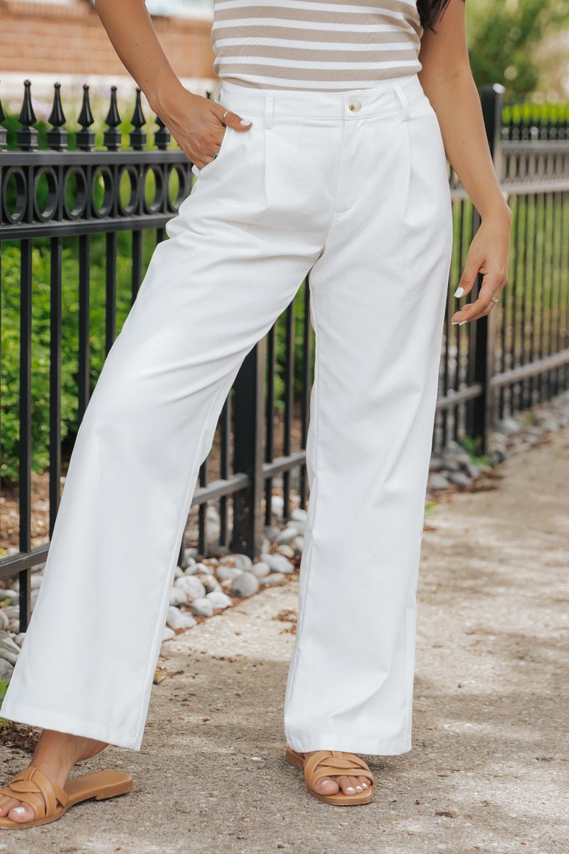 White Mid Rise Pleated Wide Leg Pants - Magnolia Boutique