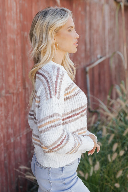 White Multi Stripe Ribbed Sweater - Magnolia Boutique