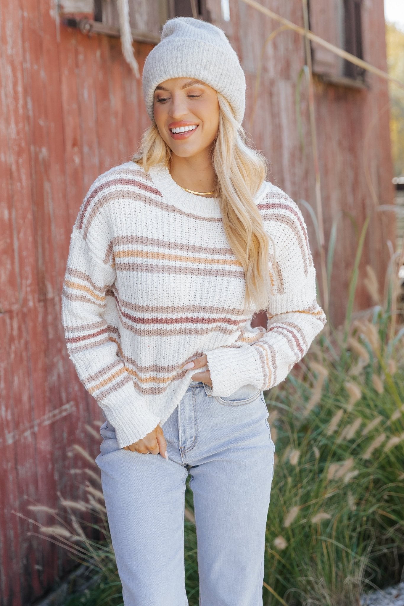 White Multi Stripe Ribbed Sweater - Magnolia Boutique