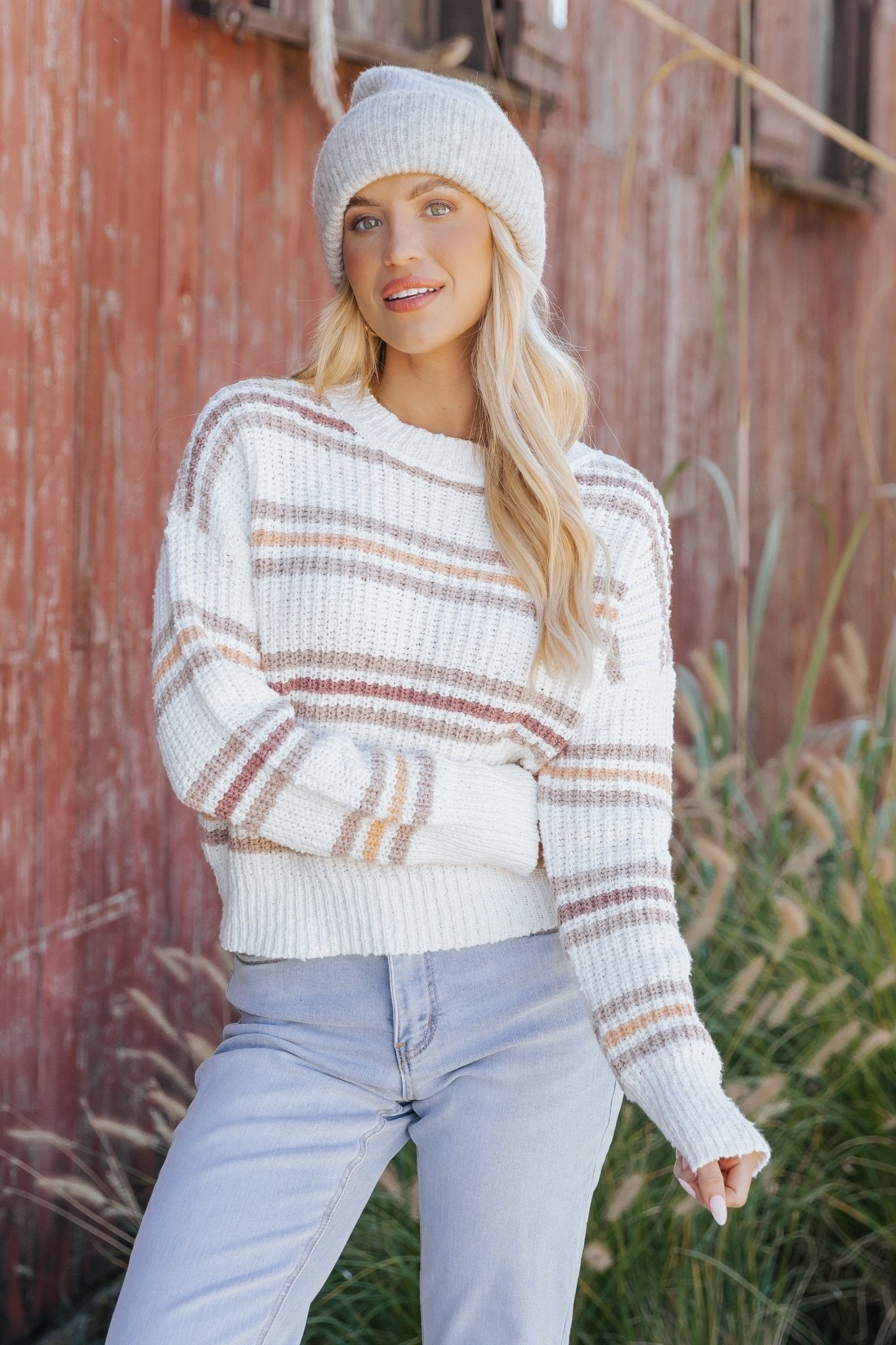 White Multi Stripe Ribbed Sweater - Magnolia Boutique