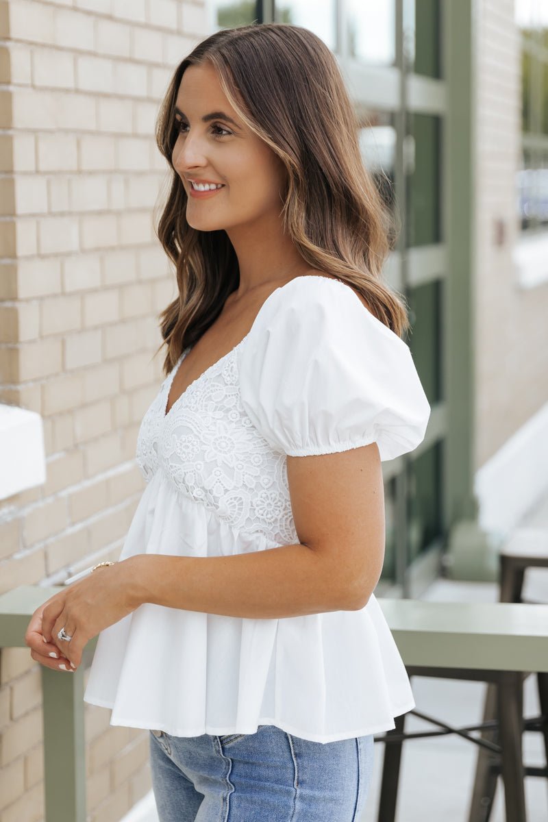 White Puff Sleeve Lace V Neck Top - Magnolia Boutique