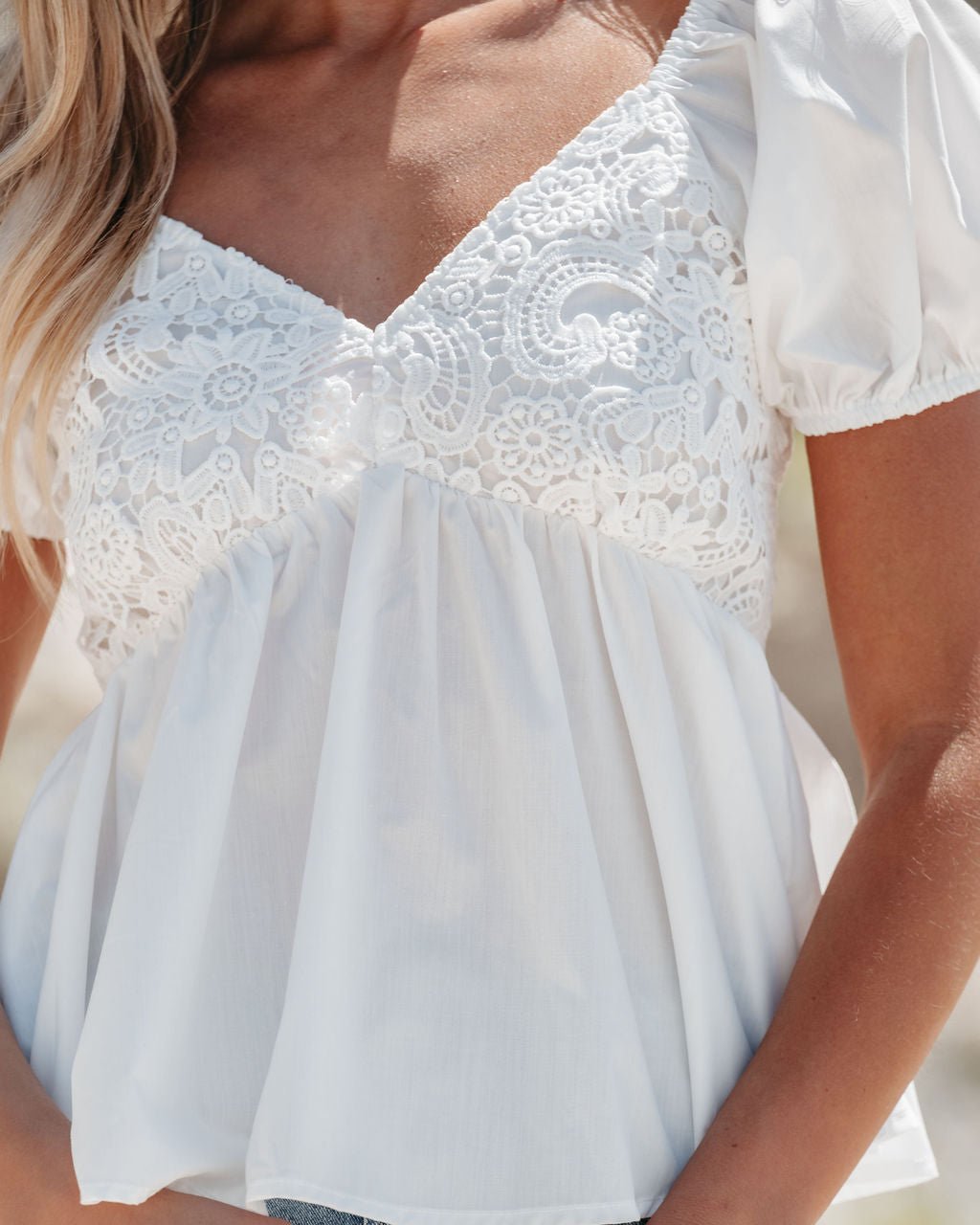White Puff Sleeve Lace V Neck Top - Magnolia Boutique