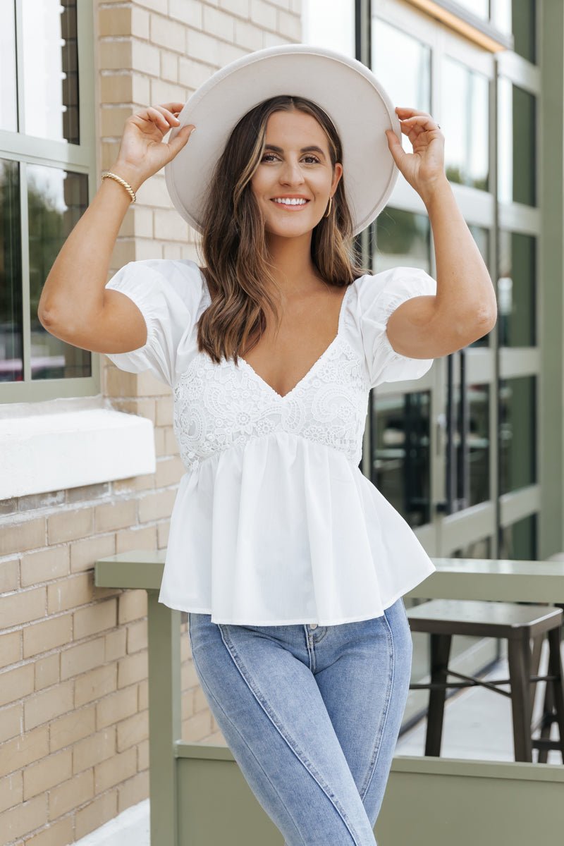 White Puff Sleeve Lace V Neck Top - Magnolia Boutique