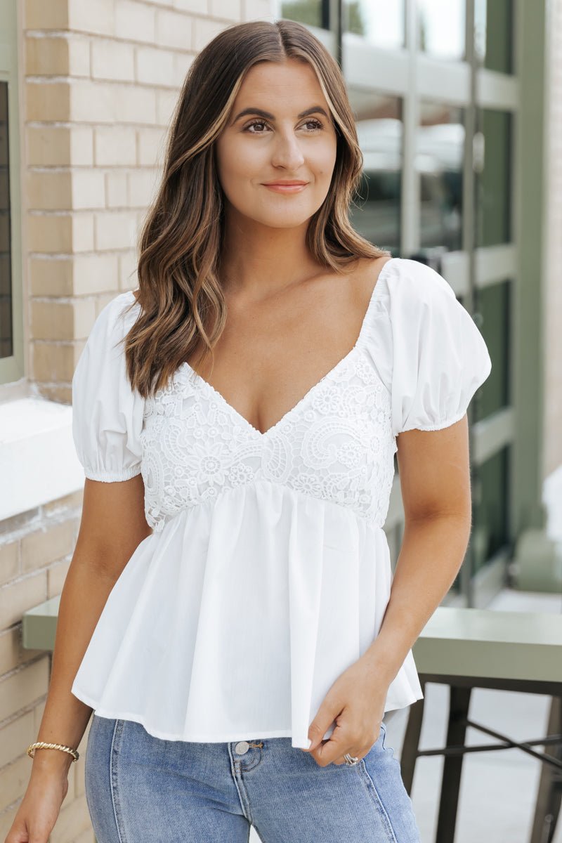 White Puff Sleeve Lace V Neck Top - Magnolia Boutique