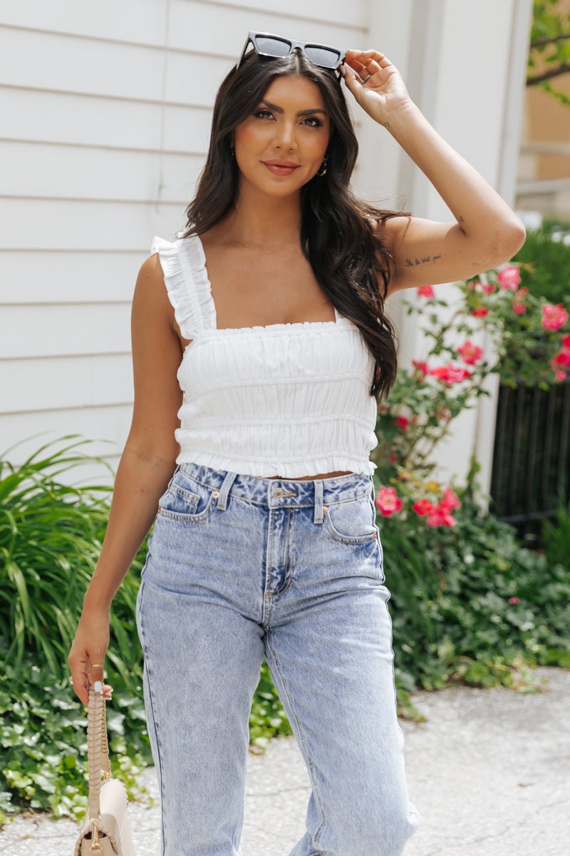 White Ruffle Smocked Tank Top - Magnolia Boutique