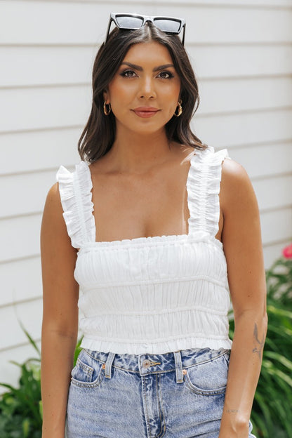 White Ruffle Smocked Tank Top - Magnolia Boutique