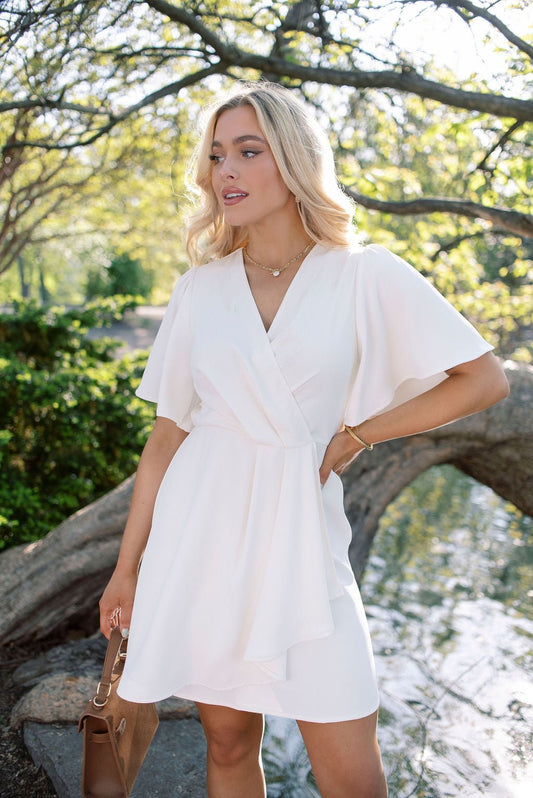 White Short Sleeve Wrapped Mini Dress | Pre Order - Magnolia Boutique
