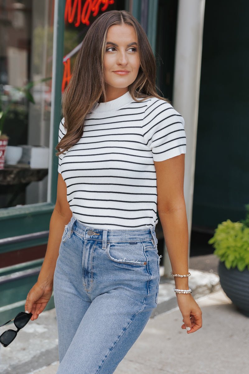 White Stripe Ribbed Short Sleeve Sweater | Pre Order - Magnolia Boutique