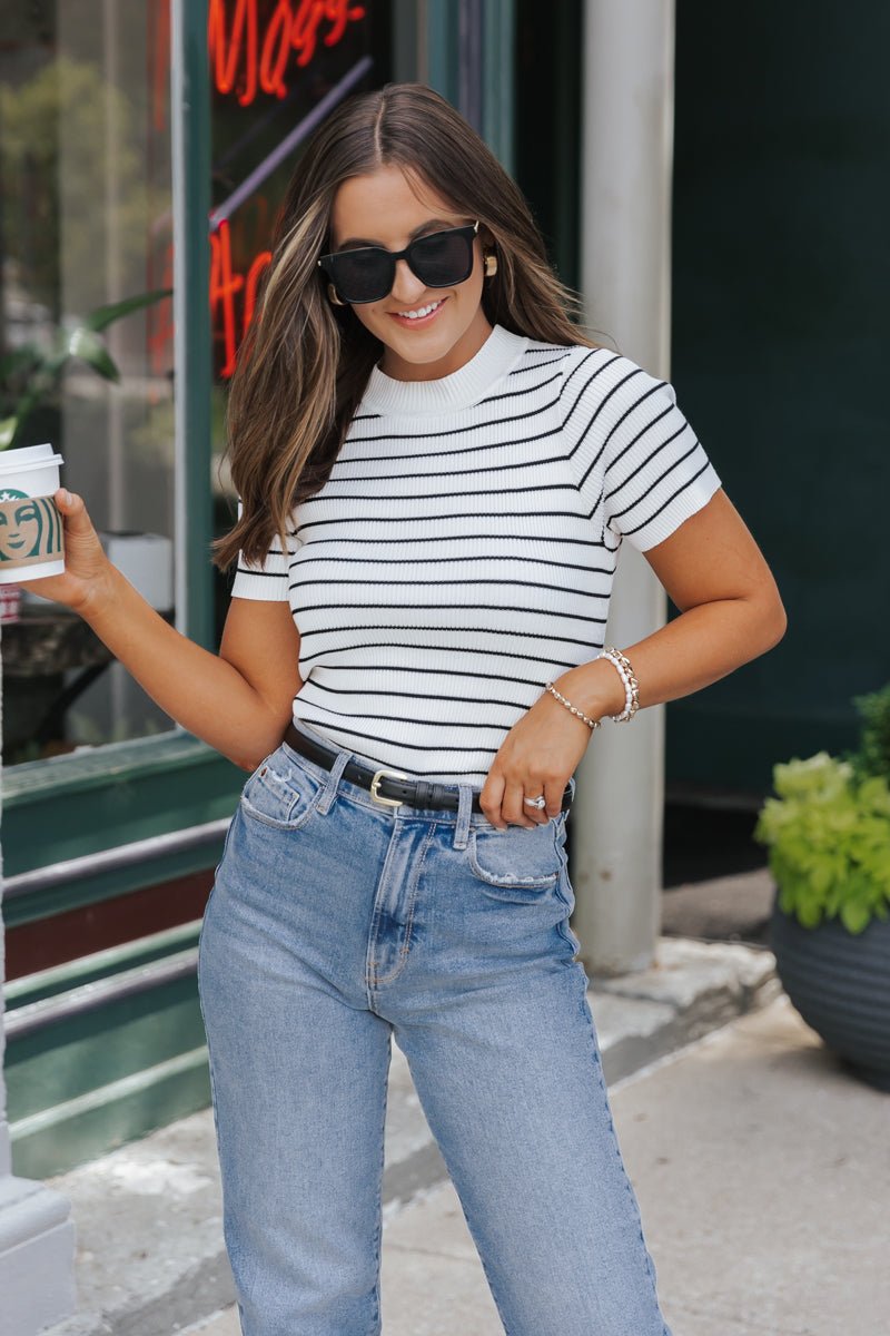 White Stripe Ribbed Short Sleeve Sweater | Pre Order - Magnolia Boutique