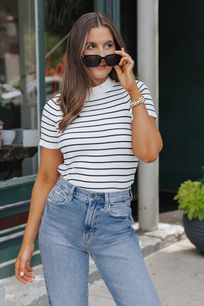 White Stripe Ribbed Short Sleeve Sweater | Pre Order - Magnolia Boutique