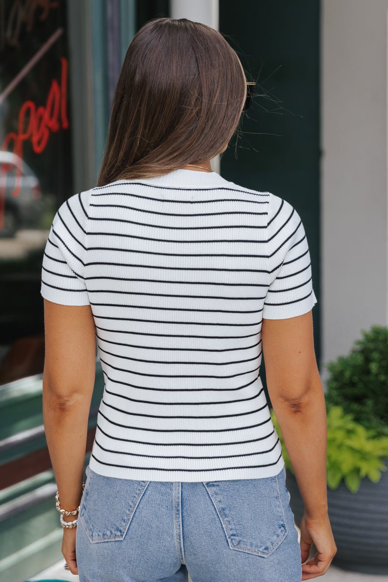 White Stripe Ribbed Short Sleeve Sweater | Pre Order - Magnolia Boutique