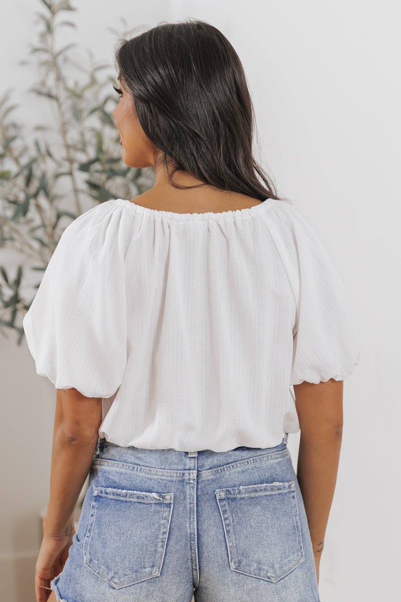 White Textured Cinched Drawstring Blouse | Pre Order - Magnolia Boutique